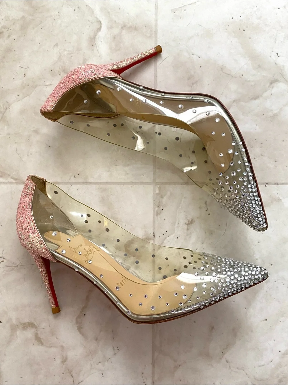 $1495 Christian Louboutin Degrastrass PVC Crystal Pink Glitter Pumps Heels 6/36